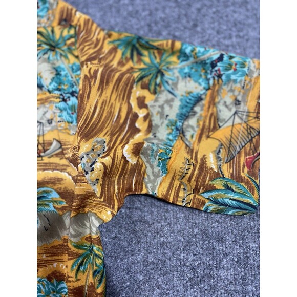 Vintage Waikiki 76 Mens Large Hawaiian Aloha Shirt Palm Trees Sail Boat Brown Lg - Picture 12 of 15
